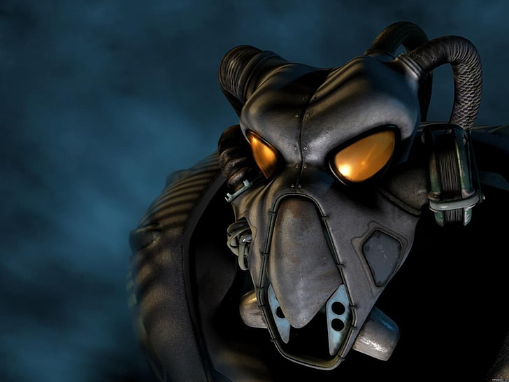 cartoon character wallpaper, fallout 2, enclave, armor, gas Mask