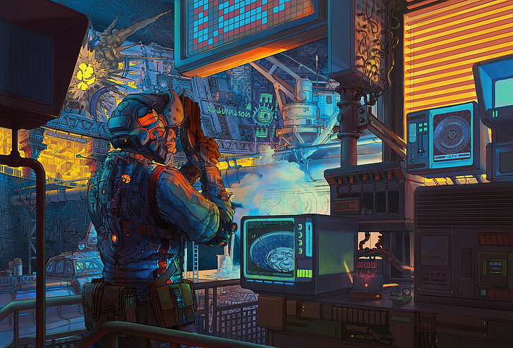black computer anime wallpaper, futuristic, cyberpunk, artwork