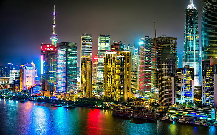 Shanghai, China, night city, buildings, skyscrapers, river, HD wallpaper