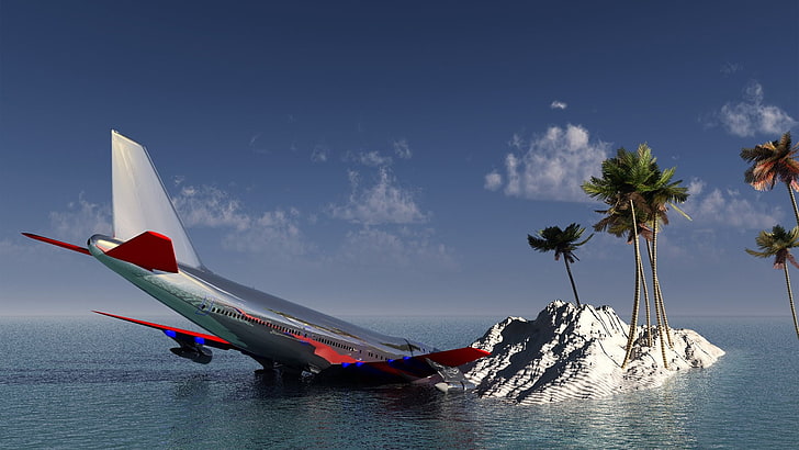 crashed airplane illustration, island, CGI, sky, water, nature