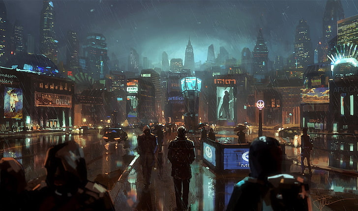 city, rain, futuristic city, cityscape, science fiction, dark, HD wallpaper