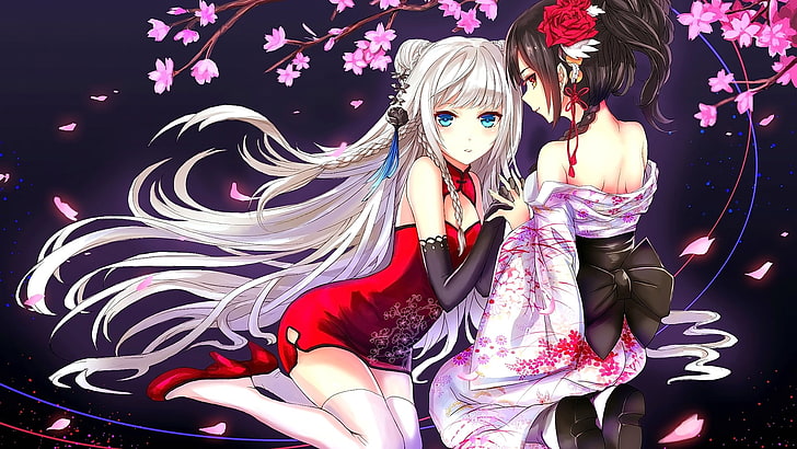 anime girls wearing a red dress and geisha dress illustration, HD wallpaper