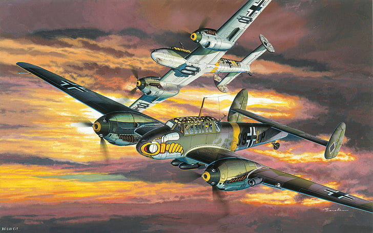 two brown-and-gray fighting planes digital wallpaper, aviation