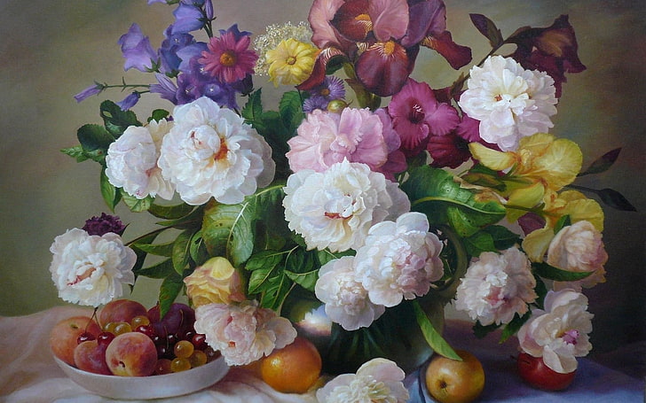 white, purple, and yellow flowers in vase painting, fruit, still life, HD wallpaper
