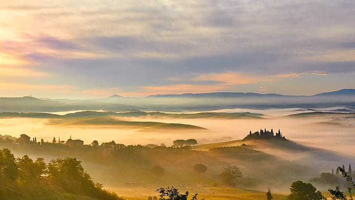 Golden morning, 4K, Rolling hills, Fog, Italy, Tuscany