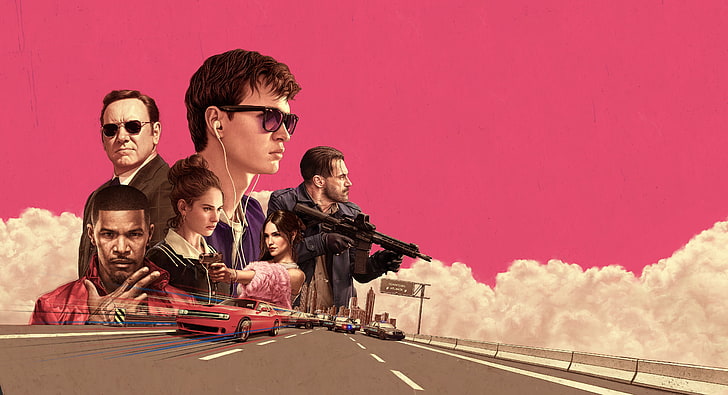Baby Driver, movies, Kevin Spacey, Jamie Foxx, car, road, assault rifle, HD wallpaper