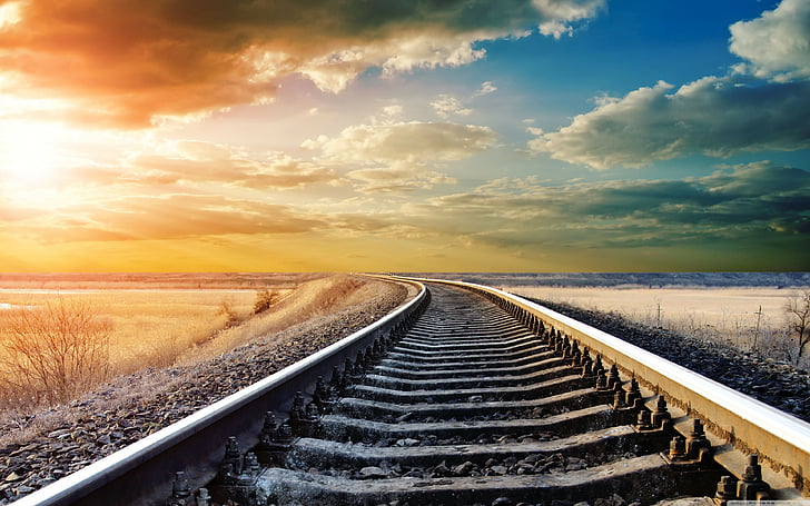 railway, sunset, winter