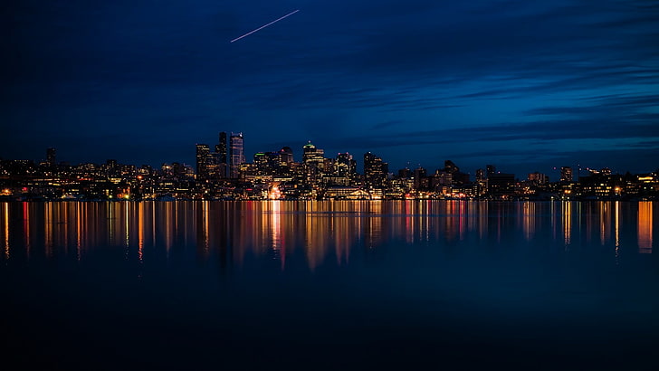 city buildings, evening, night, sea, lake, reflection, architecture