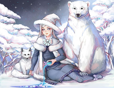  Fondo de pantalla HD Anime, Original, Chica, Oso polar, Zorro polar, Nieve, Cielo estrellado