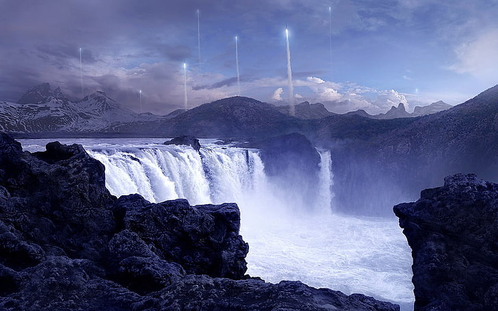 Andree Wallin, waterfall, rock, futuristic, mountains, landscape, HD wallpaper