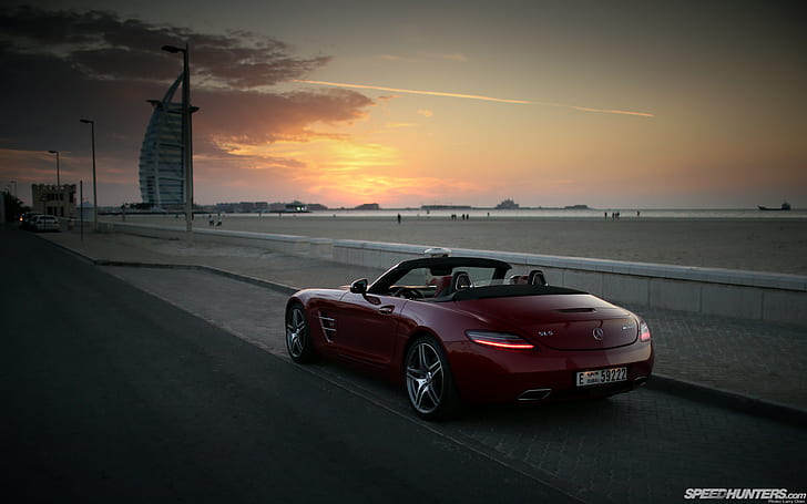 Mercedes SLS Gullwing AMG Dubai Sunset HD, red convertible, cars, HD wallpaper