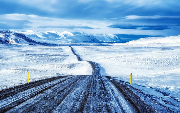 nature, landscape, snow, road, alone, clouds, mountains