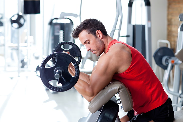 men's red tank top, man, muscles, training, biceps exercises, HD wallpaper