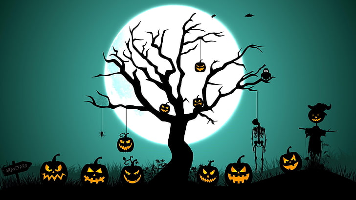 art, graphics, halloween, illustration, branch, tree, skeleton, HD wallpaper