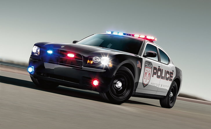 Dodge Police Car, 6th gen. black and white Dodge Charger Police sedan, HD wallpaper