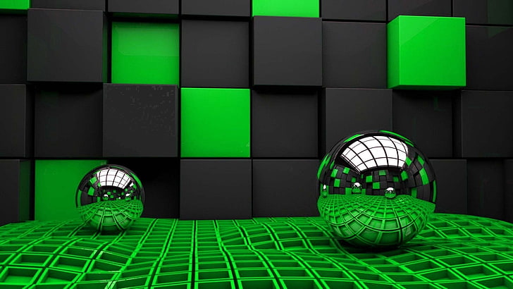two silver-colored balls, abstract, 3D, green color, no people