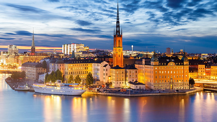 stockholm, dusk, evening, sweden, europe, riddarholmen, island, HD wallpaper