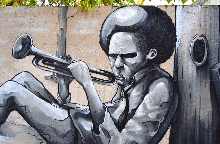 Playing A Trumpet Graffiti, man playing trumpet mural, Artistic