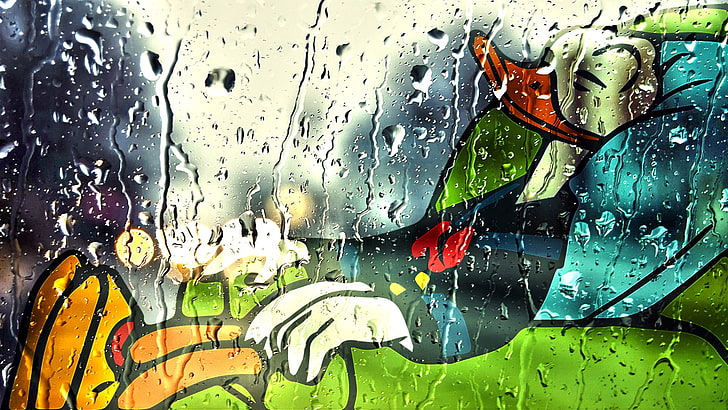 Donald Duck illustration, rest, rain, wet, water, drop, glass - material