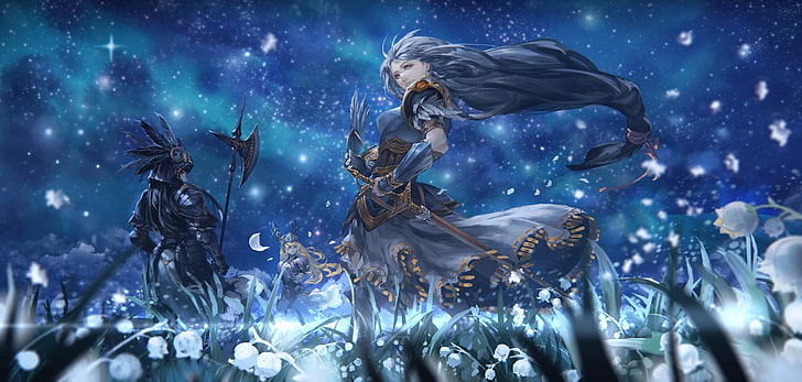 anime wallpaper, sword, armor, stars, flowers, Pixiv Fantasia