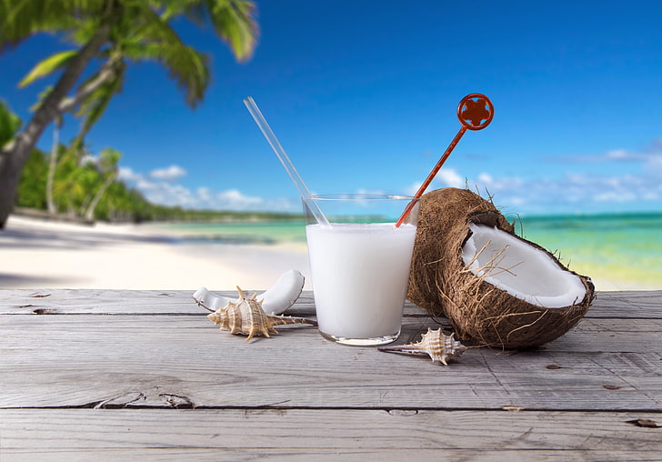 coconut juice, sea, beach, palm trees, cocktail, shell, drink, HD wallpaper