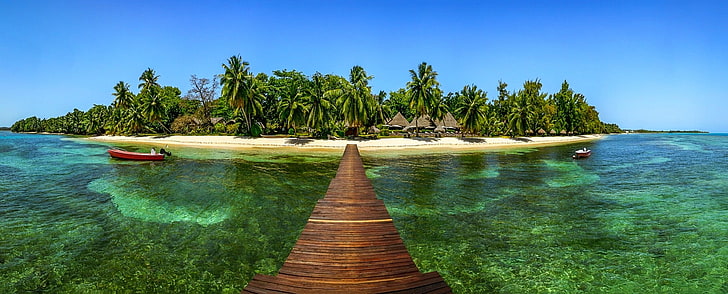 beige island, nature, landscape, dock, palm trees, beach, boat, HD wallpaper
