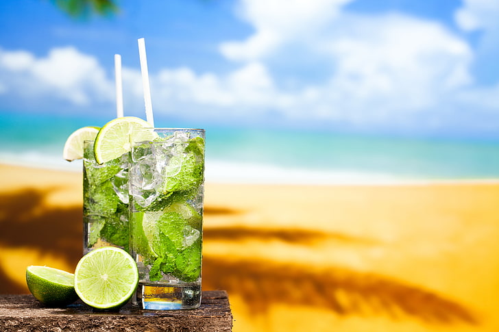 two clear drinking glasses, sea, beach, cocktail, lime, fresh, HD wallpaper