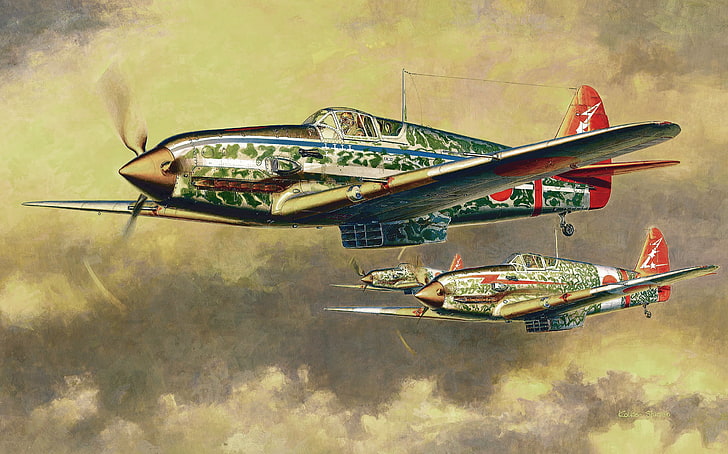 green biplane, aircraft, war, art, painting, aviation, drawing, HD wallpaper