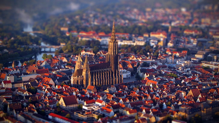 2560x1440 px architecture church city Cityscape Germany Gothic Architecture river Tilt Shift Ulm Min Abstract Minimalistic HD Art