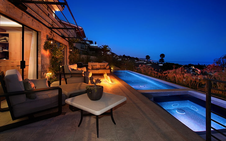 brown and black wooden table, night, swimming pool, vacation