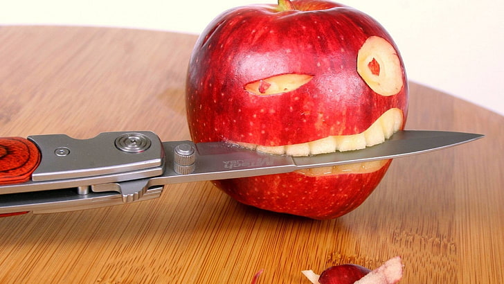 red apple and gray folding knife, apples, humor, fruit, apple - fruit, HD wallpaper