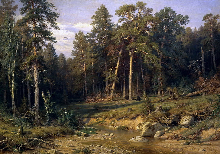 green trees, landscape, nature, picture, Ivan Shishkin, Pine Forest
