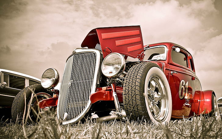 Hot Rod Red, red hotrod, ford, white wall, classic, cars