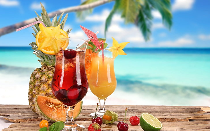 cocktails, drinking glass, pineapples, food and drink, fruit, HD wallpaper