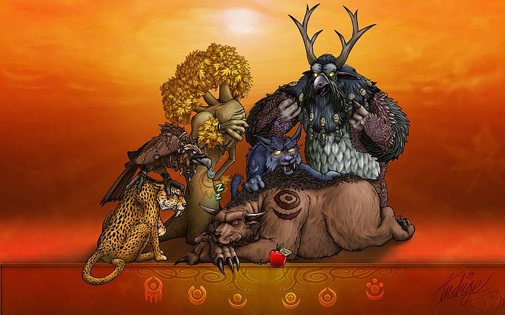 illustration of four animals, druids, video games, World of Warcraft