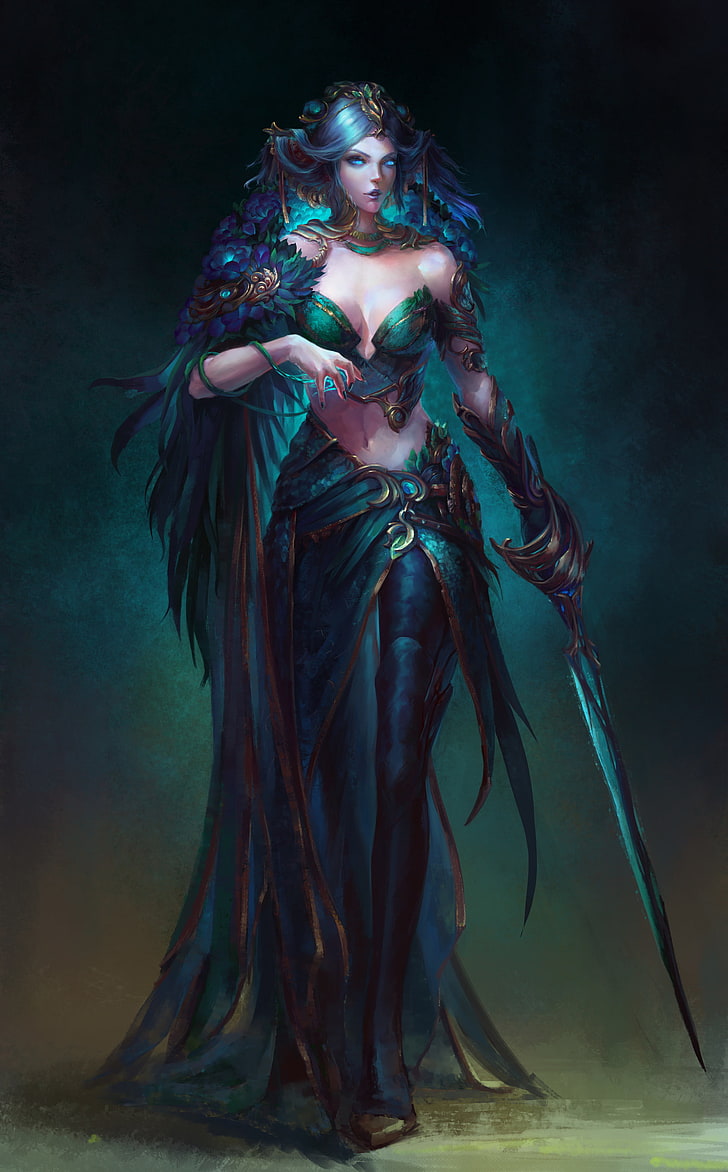 woman illustration, fantasy art, warrior, magic, sword, one person