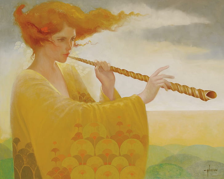 Golden Goddess, horn, fantasy, female, 3d and abstract, HD wallpaper