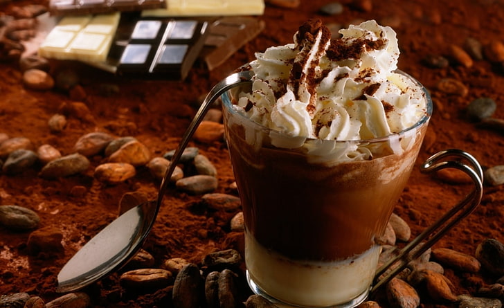 cup of coffee with whipped cream, table, chocolate, spoon, coffee - Drink, HD wallpaper