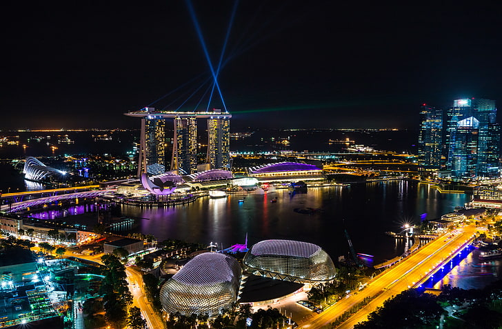 Night view, Marina Bay, 8K, Architecture, Singapore, Skyline, HD wallpaper
