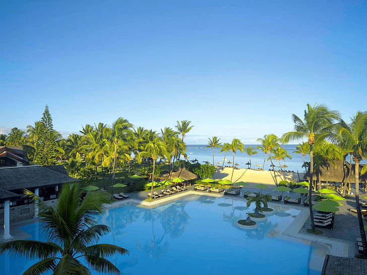 Resort, sea, palm trees, swim pool, Mauritius, HD wallpaper