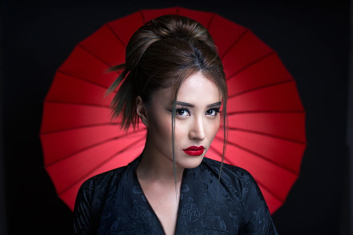 women, face, portrait, eyeliner, red lipstick, Asian, parasol, HD wallpaper