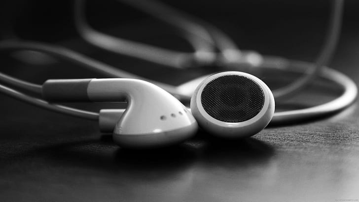 Black and white headphone, white and gray earphones, iphone, music
