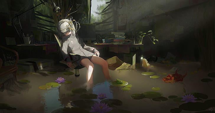 anime girls, water, ruin, virtual reality
