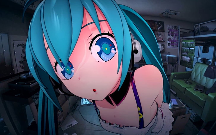 eyes, Hatsune Miku, Vocaloid, blue hair, blue eyes, headphones, HD wallpaper