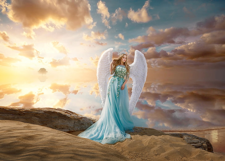 angel, wings, sky, dress, women, model, cloud - sky, sunset, HD wallpaper