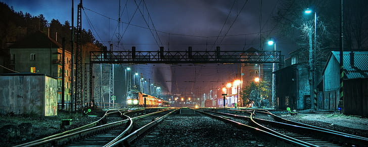 train station, power lines, railway, street light, HD wallpaper
