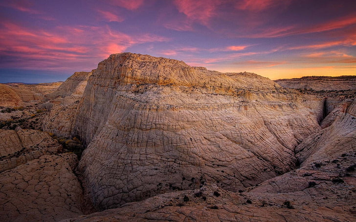 brown rock formation, rocks, sky, dawn, beautifully, nature, desert, HD wallpaper