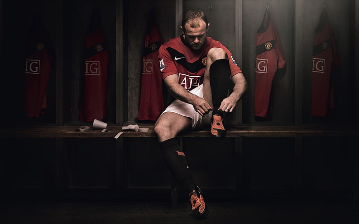 men's red and black soccer jersey, football player, boots, locker room, HD wallpaper