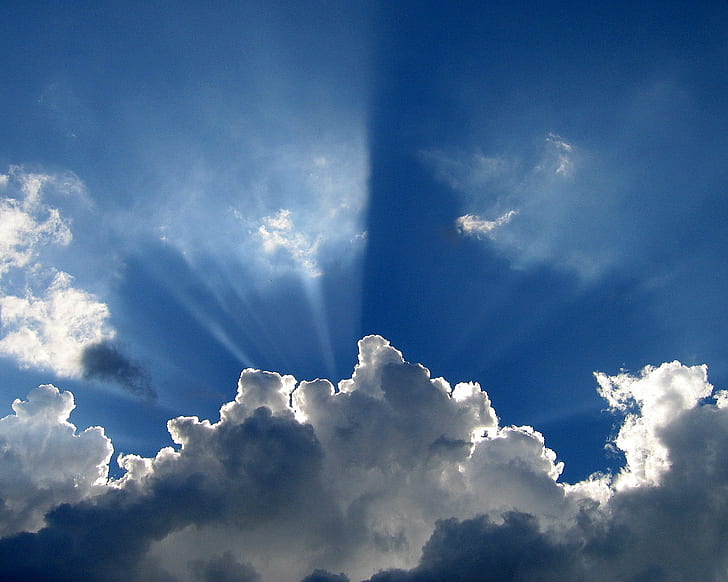 white nimbus clouds with blue sky photo, rays, fluffy, angles, HD wallpaper