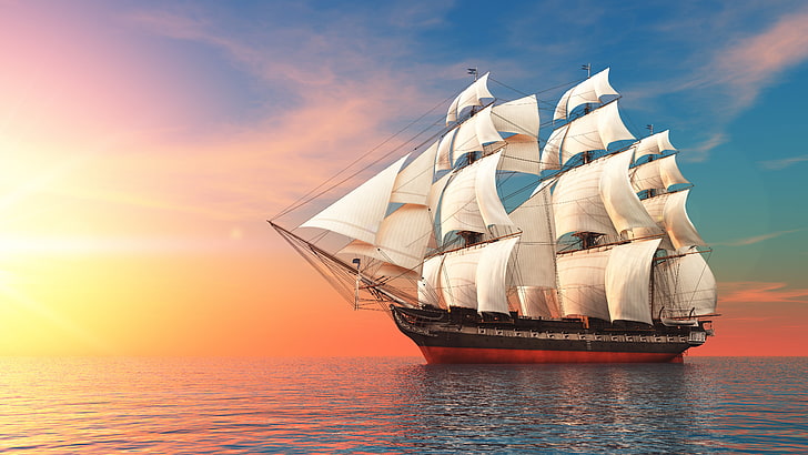 white galleon ship, sea, the sky, sails, swimming, nautical Vessel, HD wallpaper